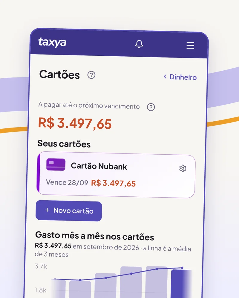 Tela Cartões da Taxya com o valor a pagar até o próximo vencimento e o gasto mês a mês nos cartões