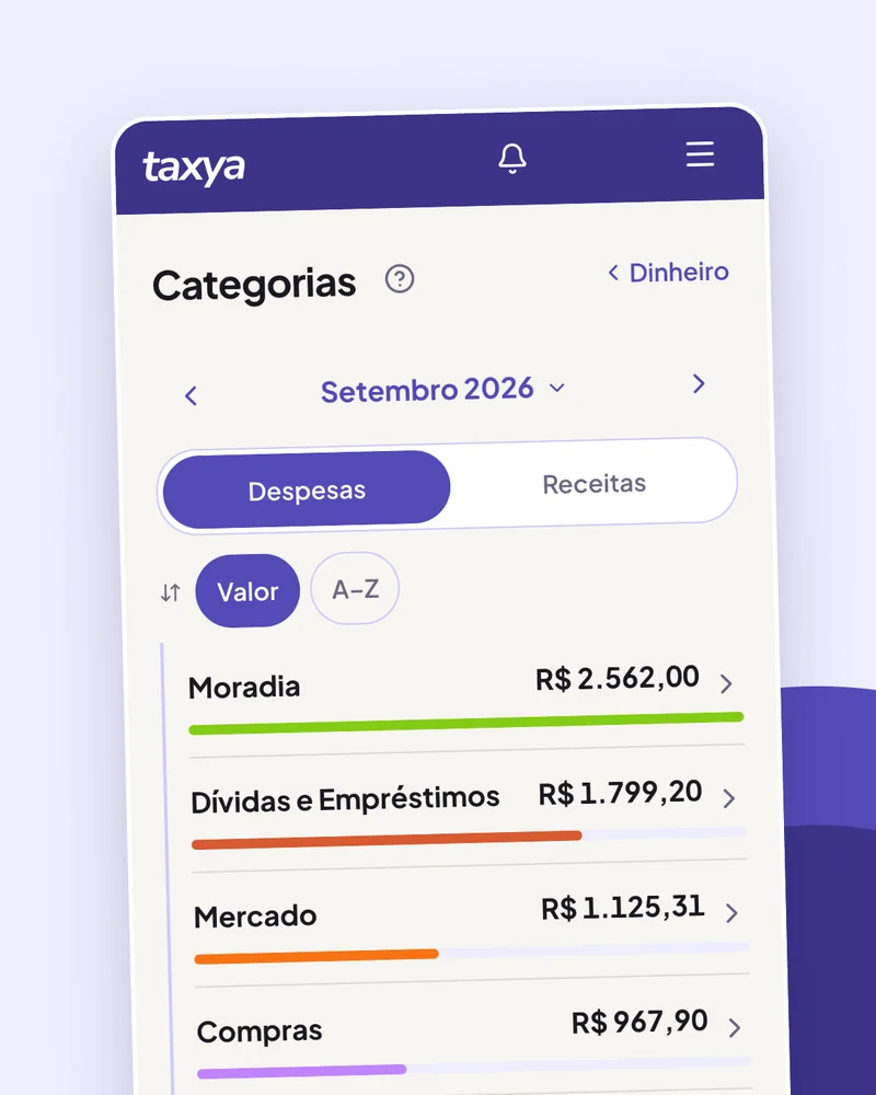 Tela Categorias da Taxya mostrando as despesas do mês por categoria, com valor e barra de cada uma