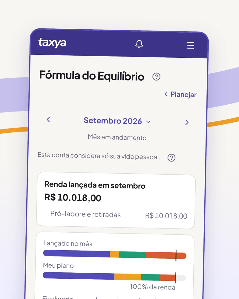 Tela Fórmula da Saúde Financeira da Taxya comparando o lançado no mês com o plano em Necessidade, Desejo, Futuro e Dívida