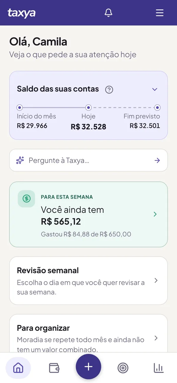 Tela inicial da Taxya com o saldo das contas no início do mês, hoje e no fim previsto, o campo para perguntar à Taxya, quanto ainda cabe nesta semana, a revisão semanal e o que há para organizar