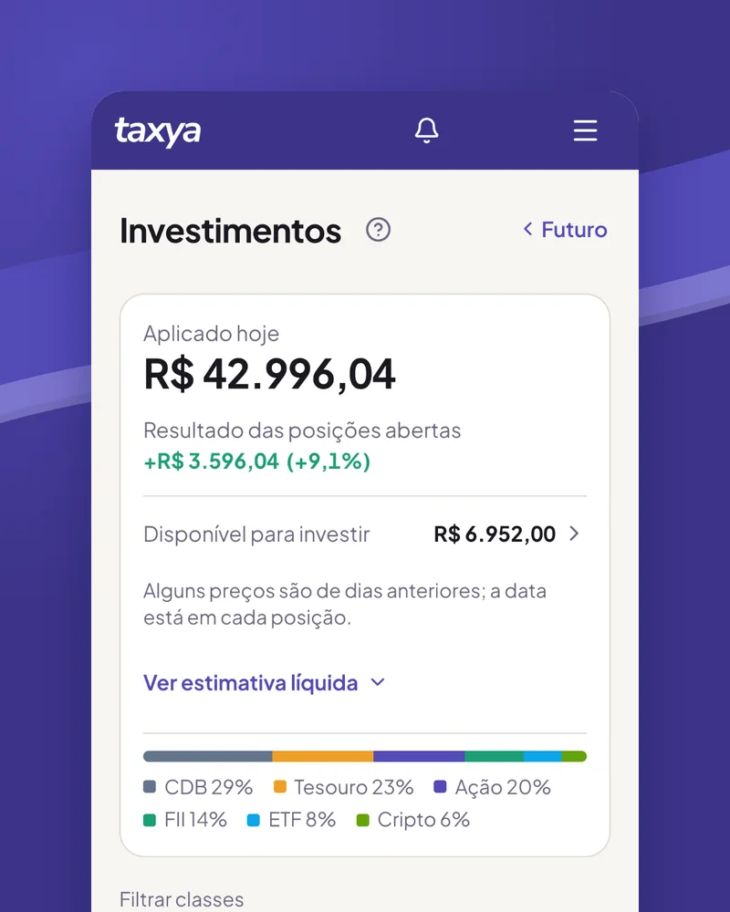 Tela Investimentos da Taxya com o valor aplicado, o resultado das posições e a carteira por classe