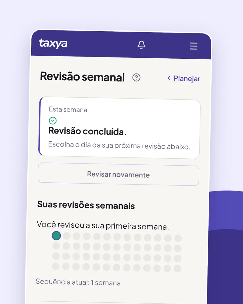 Tela Revisão semanal da Taxya com a revisão desta semana concluída e a jornada de 52 semanas com a primeira marcada