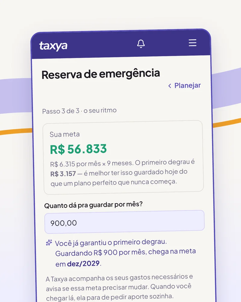 Tela Reserva de emergência da Taxya com a meta sugerida e quanto dá pra guardar por mês