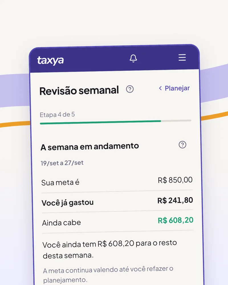 Etapa 4 de 5 da Revisão semanal da Taxya, A semana em andamento: meta de R$ 850,00, R$ 241,80 gastos e R$ 608,20 que ainda cabem
