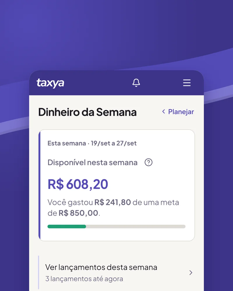 Tela Dinheiro da Semana da Taxya: R$ 608,20 disponíveis nesta semana, com R$ 241,80 gastos de uma meta de R$ 850,00
